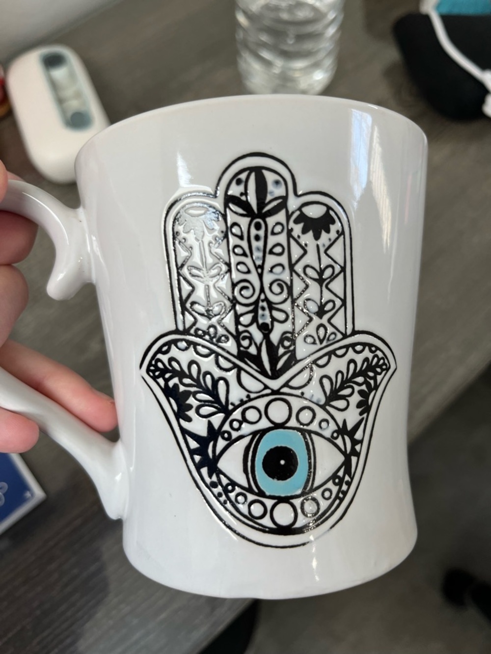 Hamsa Hand Coffee Mug, Good Fortune Ceramic Mug, 16oz by Prima Design • Evil Eye